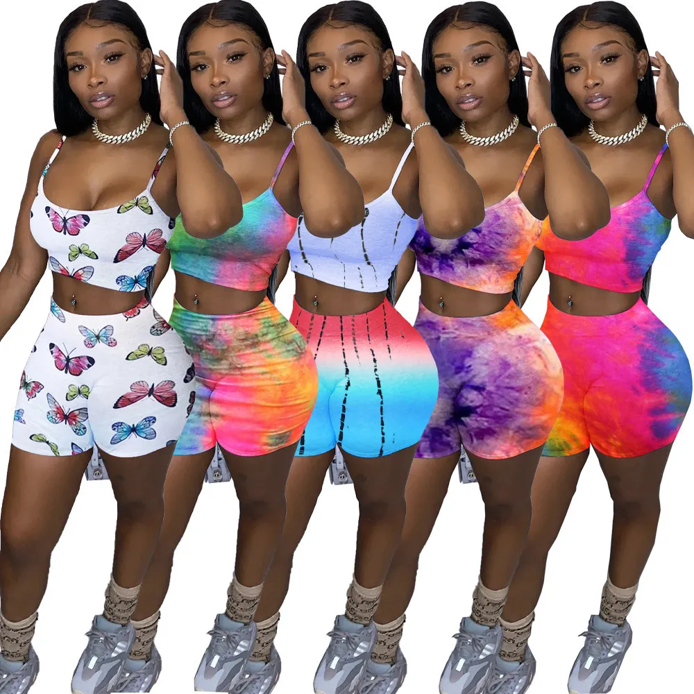 Summer womens tracksuit Butterfly printed casual women s clothing set sexy suspenders tops shorts suit plus size S-XXL