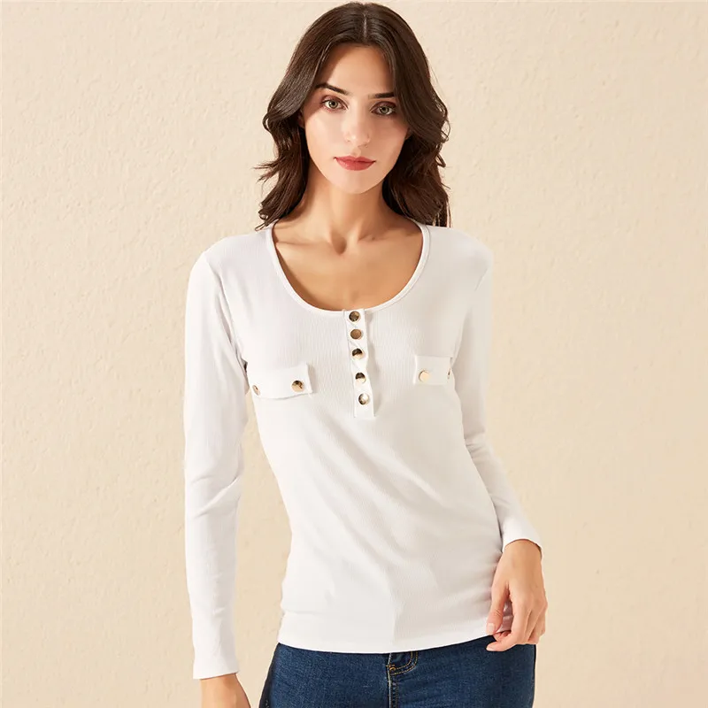 Women's o-neck T-shirt Solid Color Casual Slim Fit Basic Long Sleeve T-Shirts Autumn Spring Tops Women Fashion Button t-shirt MX200721