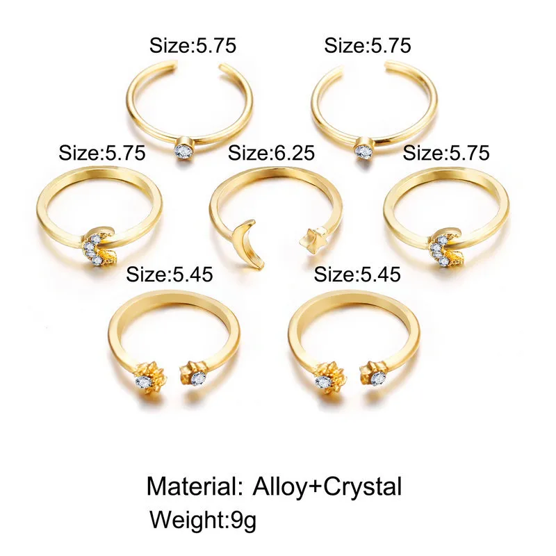 Women Bohemian Ring Moon Star Style Creative Retro Geometric Metal Joint Rings Set Fashion Jewelry / set