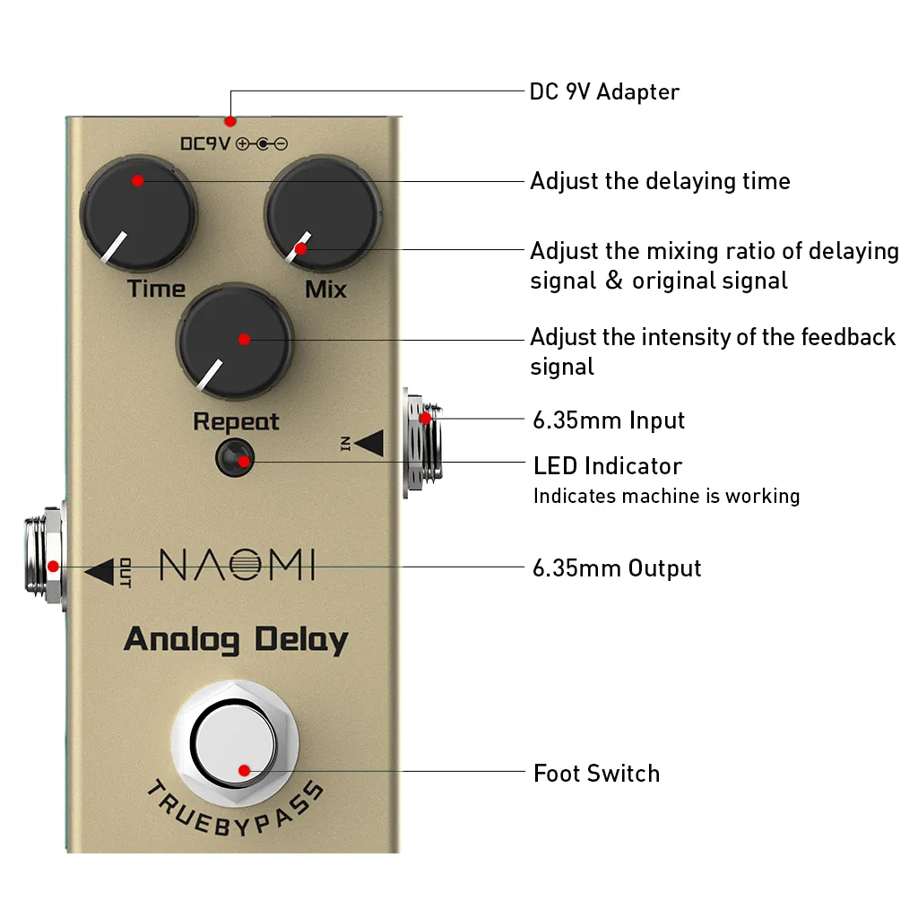 NAOMI Mini Delay Pedal Chitarra elettrica Effetto Delay analogico Pedale True Bypass Materiale in lega di alluminio5474200