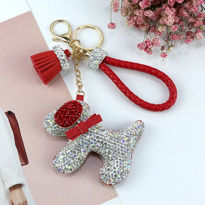 Luxury Rhinestone Dogs Keychains Cartoon Animals Dog Dolls Bag Key Rings Holder Purse Car Key Chains Gift for Women's Christm224s