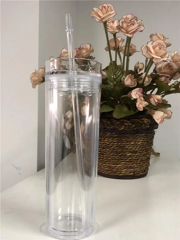 16oz skinny acryl tuimelaar dubbelwandig geïsoleerde doorzichtige plastic tuimelaar met deksel en rietje herbruikbare drinkwaren voor feest v01239c