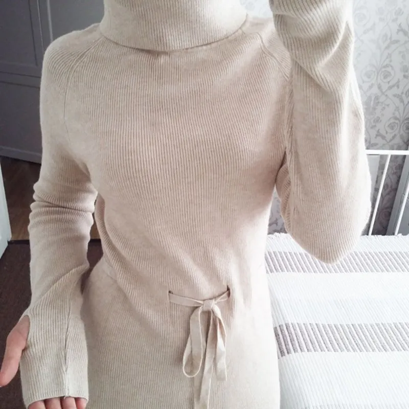 Gigogou Turtleneck Cowl Neck Women Sweater Dress Drawstring Overdimensionerad Long Maxi Dress with Thumb Hole Winter Knitwear Midi Dress T200320