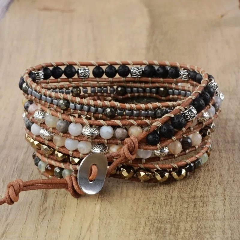 Bransoletka surowa pirytu Boho mieszana naturalne kamienie 5 pasm Bransoletki ręcznie robione pirytowe bransoletka bransoletka Bracelets CX208483254