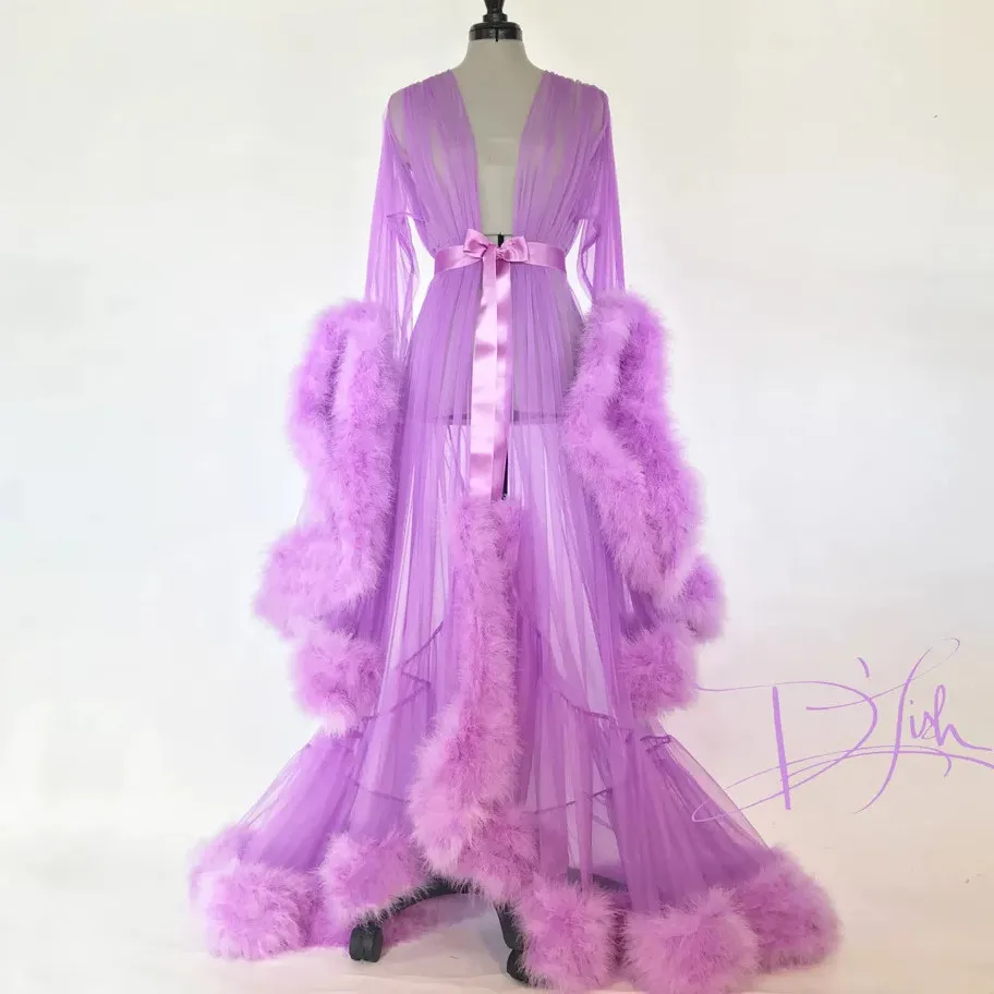 2020 New Womens Robe Nightgown Bathrobe Sleepwear Bridal Robe Perspective Sexy Lave Feather Flared Sleeve Tail Dress321M