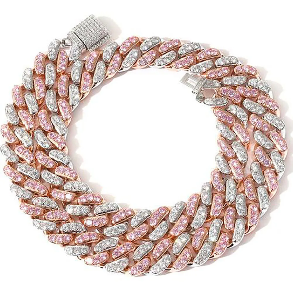 Collier ras du cou cubain rose glacé de 12 mm, lien cubain en argent et or rose avec diamants roses blancs, bijoux en zircone cubique, 7 pouces-24 pouces260e