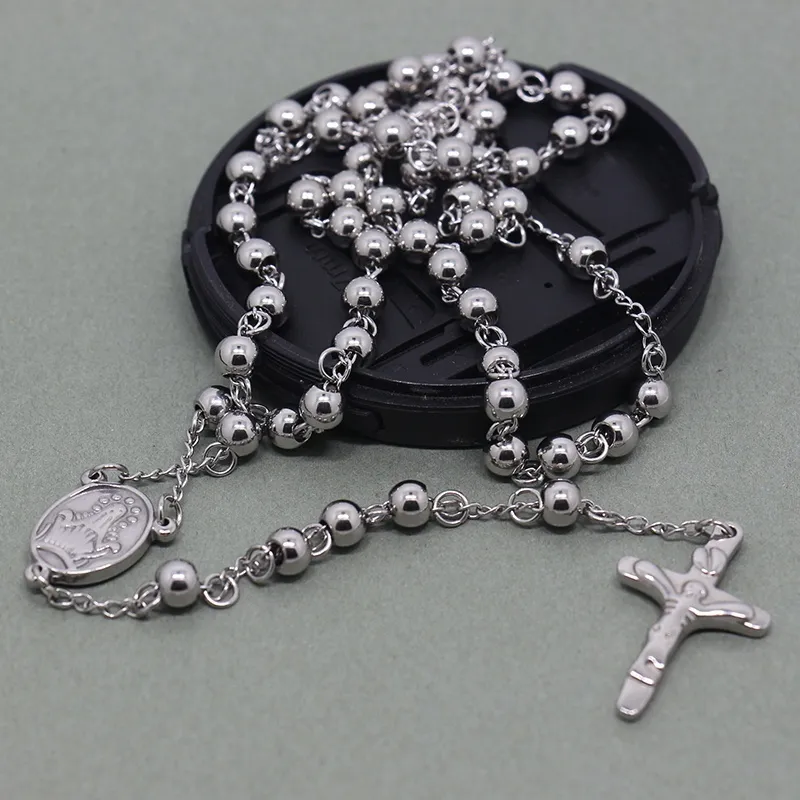6mm katolska radbandpärlor kedja halsband tvärs rostfritt stål halsband män smycken eller kvinnor lång kedja halsband för jul gif253a