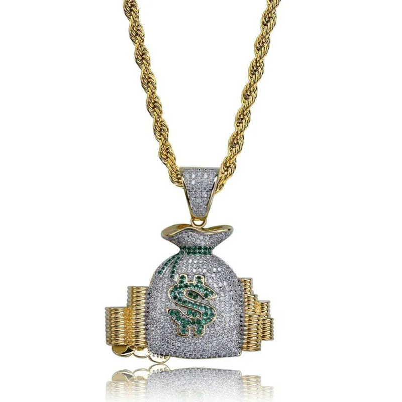 US Money Bag Stack Cash Coins Pendant Halsband Guld Iced Out Bling Cubic Zircon Necklace Men Hip Hop Jewelry3068