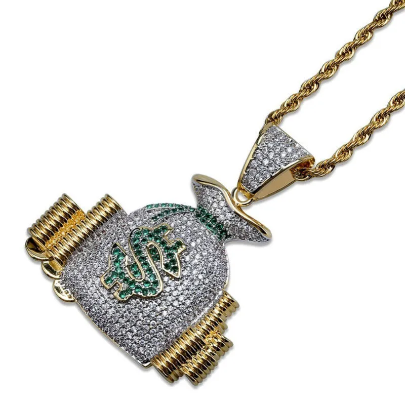 US Money Sac Stack Cash Coins Pendants Colliers Gold Iced Out Bling Cumbic Zircon Collier Men Hip Hop Jewelry9482781