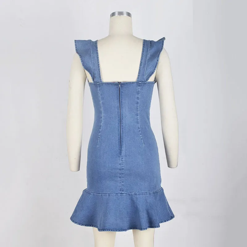 LgucH Einzigartiges Denim-Kleid, Sommer-Sommerkleid, rückenfrei, Mini-Jeans-Kleid, Falbala, modisch, lässig, Damen-Kleidung, Blau, Neu, S, XL, T200319