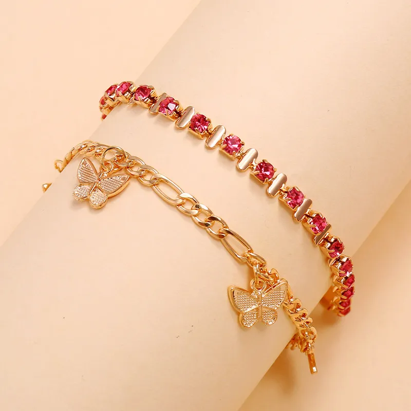 2 stuks set roze kristal steen vlinder hanger enkelbanden voor vrouwen geometrische voet ketting zomer sieraden geschenken319K