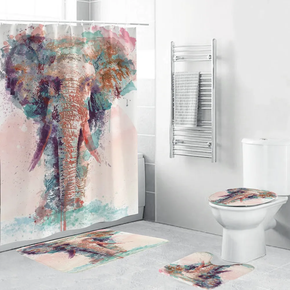 Rideau de douche éléphant couleur de l'eau Polyester 4 pièces ensemble de salle de bain couverture de tapis couverture de toilette tapis de bain pour la décoration intérieure T200711265L