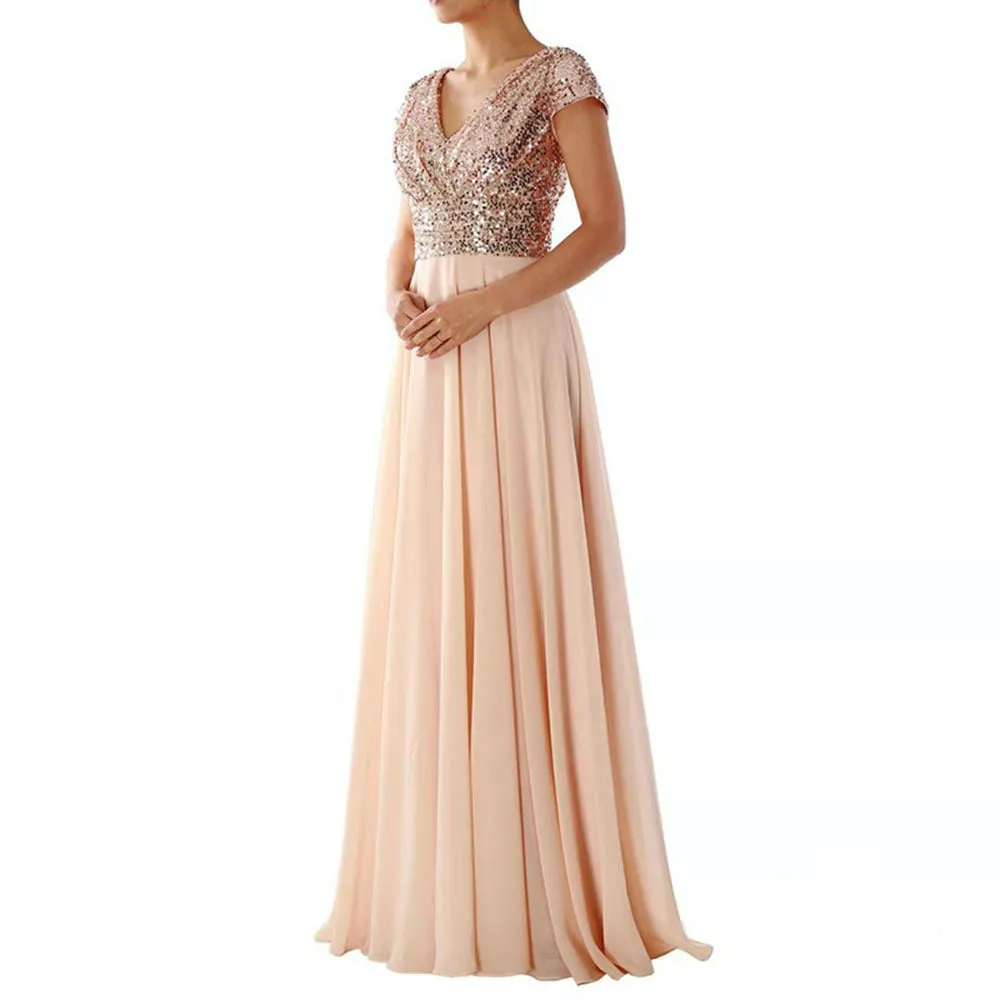 Rose Gold Sequin Bridesmaid Dress Country Style Floor Length Chiffon Formal Prom Dresses V Neck Evening Gown76103817286028