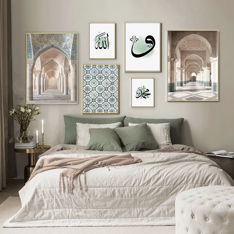 Mintgrünes Marokko-Hassan-II.-Moschee-islamisches muslimisches Leinwandgemälde, Boho-Wandkunst, Bilder, Poster, Druck, Wohnzimmer, Heimdekoration 7177676
