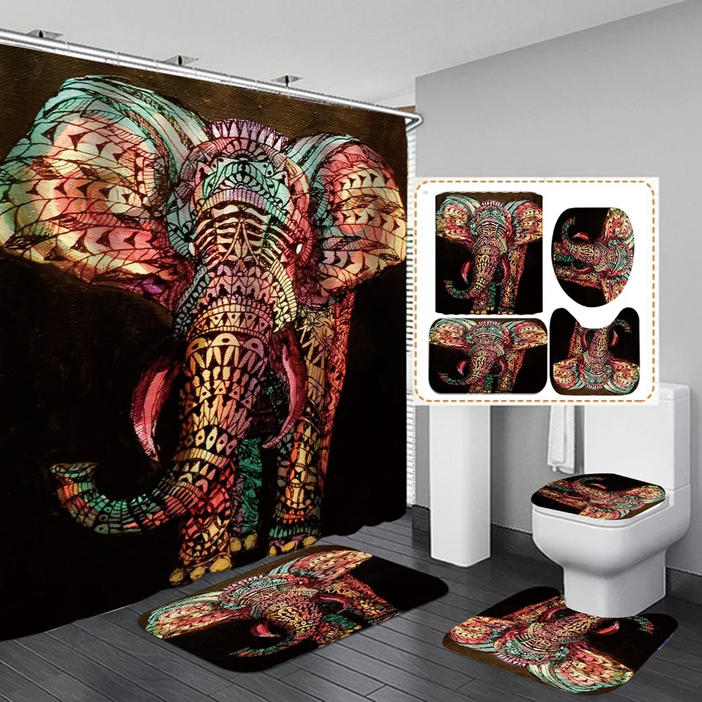 Cortina de chuveiro de elefante cor água poliéster 4 peças conjunto de banheiro capa de tapete tapete de banho almofada para decoração de casa t200711292n