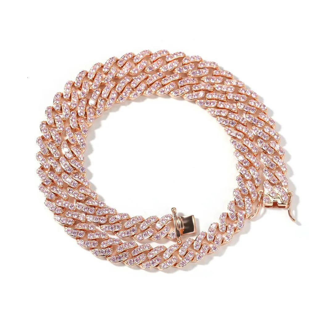 9 mm mrożone kobiety Dzieci Naszyjnik Rose Gold Metal Cuban Link pełny z różową sześcienną cyrkonią Kamienie Łańcuchowe biżuteria 222g