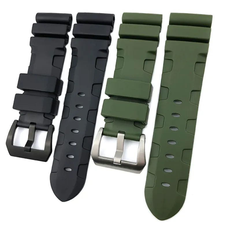 24mm 26mm Rubber Silicone Green Black Blue Watch Band For PAM Stainless Steel Pin Buckle22mm Diving Strap Deployment Clasp Men F213S