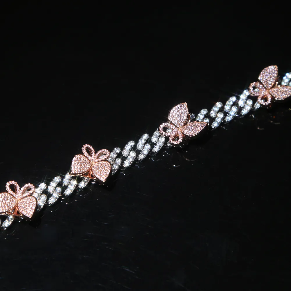10 mm Miami Cuban Link Chain Rose Pink Butterfly Charm Iced Cz Cuban Women Bracelet 17cm 19cm2110