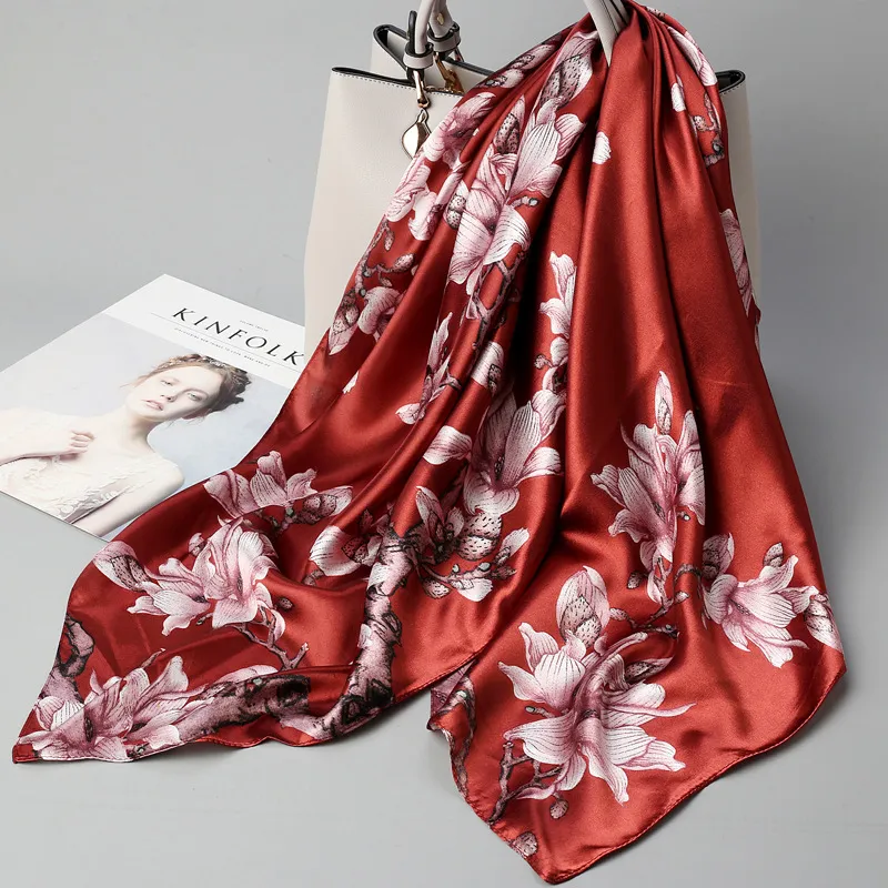 2020 Silk Satin Neck Scarf For Women Print Hijab Scarfs Female 9090cm Square Shawls and Wraps Scarves For Lady1343090