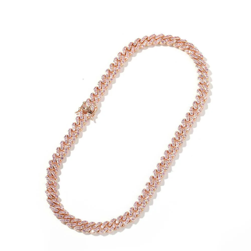 9mm Iced Out Women Choker Necklace Rose Gold Metal Cuban Link Full With Pink Cubic Zirconia Stones Chain Jewelry2523