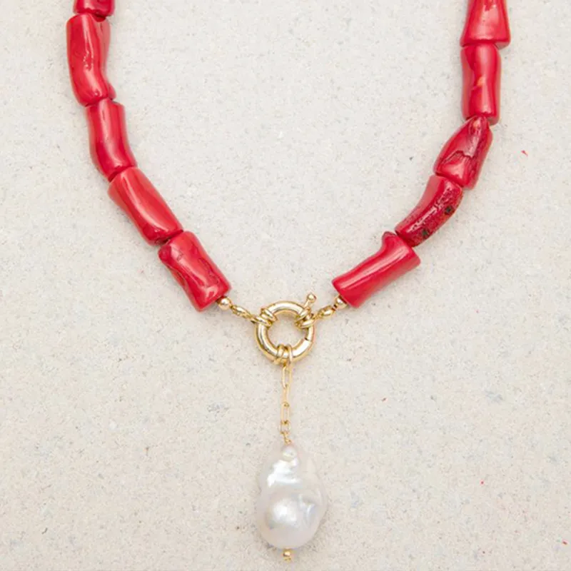 Halskette mit Anhänger aus barocker Naturperle, rote Koralle, kurze Damen-Halskette mit Charme, böhmischer Modeschmuck, 2020, Freundschaftshalsband, CX20074733809