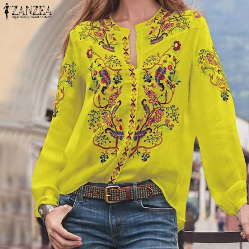 Tryckt toppar kvinnors höstblus 2019 Bohemian plus size tunic mode v hals långärmad skjortor kvinnliga casual blusa t200321