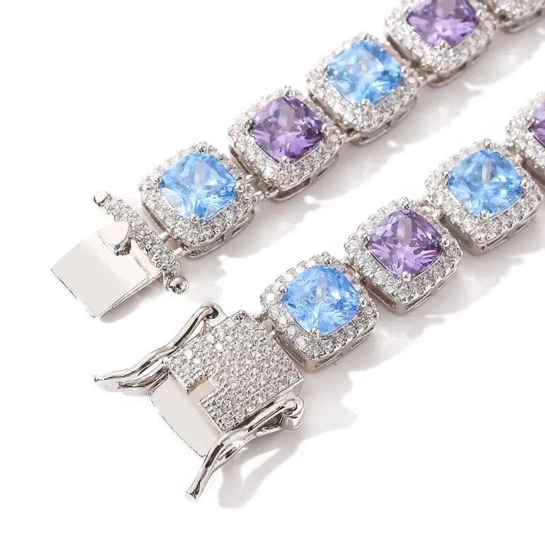 Nowy wysokiej jakości Hip Hop Mat Fashion Jewelry Naszyjnik 10 mm kwadratowy kolor niebieski fioletowy naszyjnik z cyrkonem łańcuch 291R