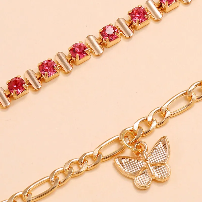 Ensemble de 2 pièces de bracelets de cheville avec pendentif papillon en pierre de cristal rose pour femmes, chaîne de pied géométrique, bijoux d'été, cadeaux 319K