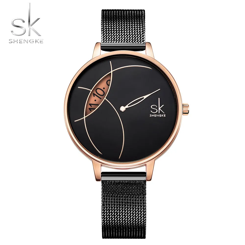 Shengke Women Fashion Watch Creative Lady Casual Watches Stainless Steel Mesh Band Stylish Desgin Silver Quartz Watch for Female C218n