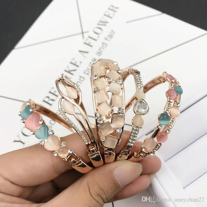 Charm Bangle Bracelet Rose Gold Silver Mix Different Styles Wholesale Cat Eye Gem Rhinestone Jewelry Korean Fashion Quality Bracelet DHL