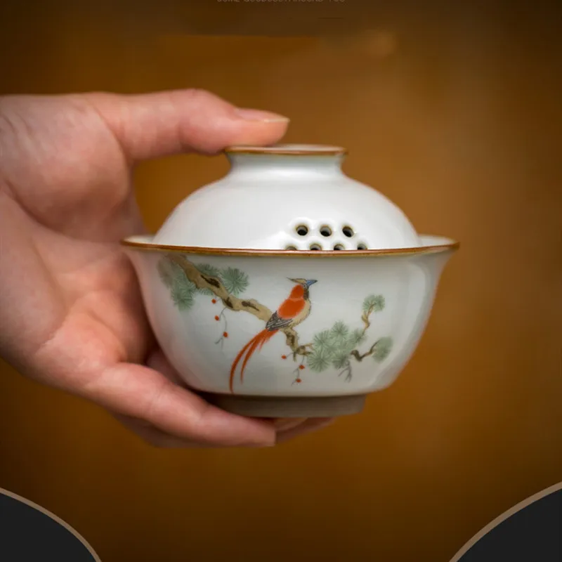Ru four oiseau gardon gaiwan rétro trois personnes pastrol bol à thé en céramique soupière accessoires décoration de la maison 297p
