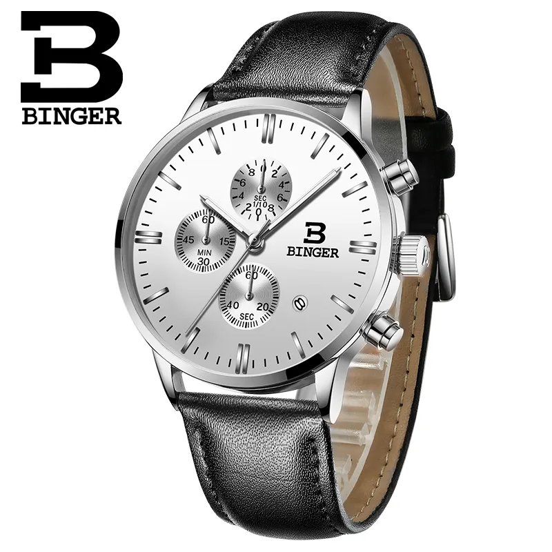 Genuine BINGER Quartz Male Watches Genuine Leather Watches Racing Men Students Game Run Chronograph Watch Male Glow Hands CX200805310J