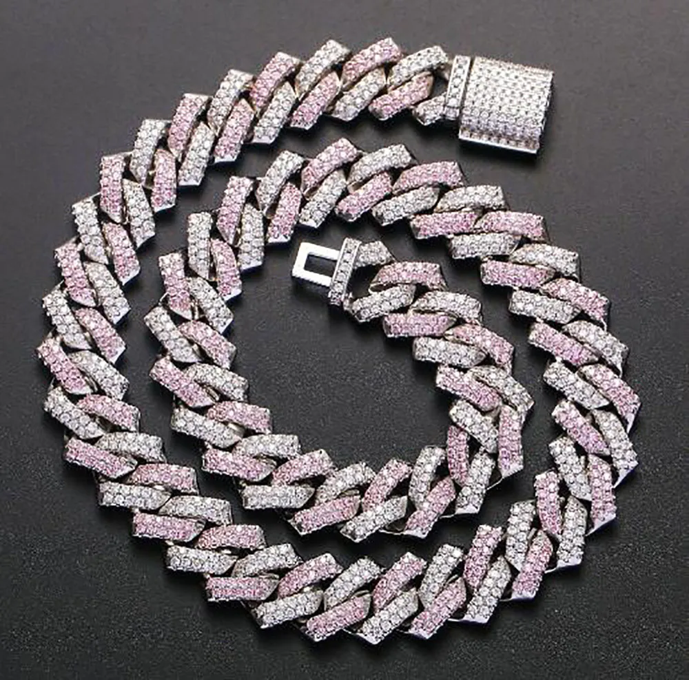 14mm Iced Pink Cuban Link Prong Choker Halsband Silver Rose Gold Cuban Link med White Pink Diamonds Cubic Zirconia Jewelry 7inC219G