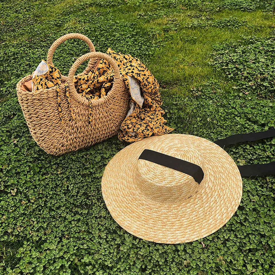 Chapéu de palha de trigo com borda grande, chapéus de verão para mulheres, 10cm, 15cm, 18cm, borda com fita preta e branca, boné de praia, barco, chapéu de sol de topo plano, y20274i