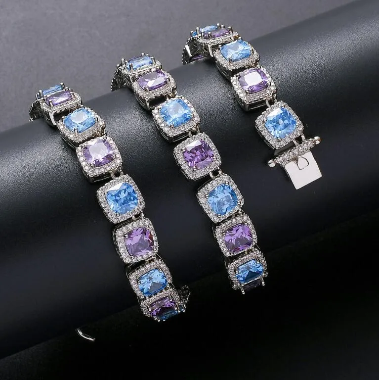 Nieuwe hoge kwaliteit hiphop mannen mode-sieraden ketting 10mm vierkante kleur blauw paars zirkoon ketting bling chain249R