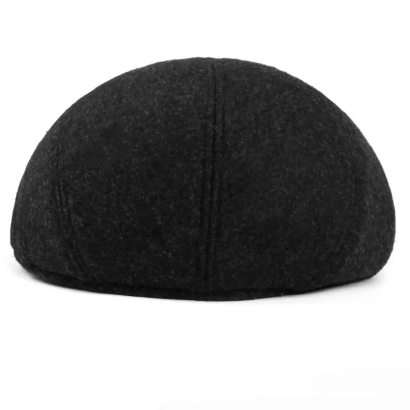 ht1405耳柄の男性と温かい冬の帽子レトロベレー帽レトロベレー帽ソリッドブラックウールフェルト帽子厚いフォワードフラットアイビーキャップパパT2617