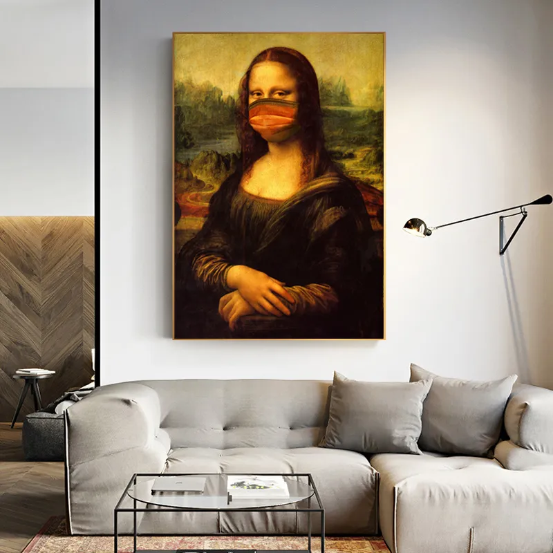 Rolig mask Mona Lisa Oil Målning på väggåtergivningarna Canvas Affischer och skriv ut väggkonstbild för vardagsrumsdekor4800398