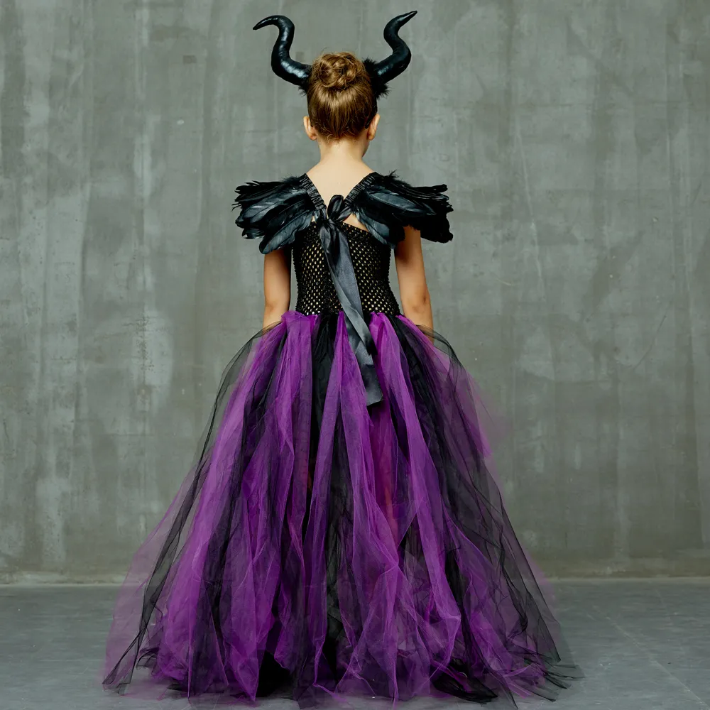 Maleficent Evil Queen Mädchen Tutu Kleid und Hörner Halloween Cosplay Hexenkostüm für Kinder Partykleid Kinder Weihnachtskleidung T3556123