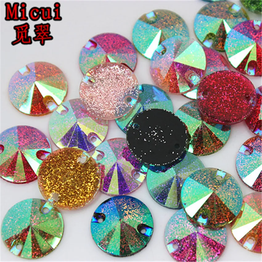 Micui 100 Stück 16 mm runde AB-Farbharz-Strass-Kristallsteine mit flacher Rückseite zum Aufnähen mit 2 Löchern für Kleid und Kleidungsstück ZZ697219Y