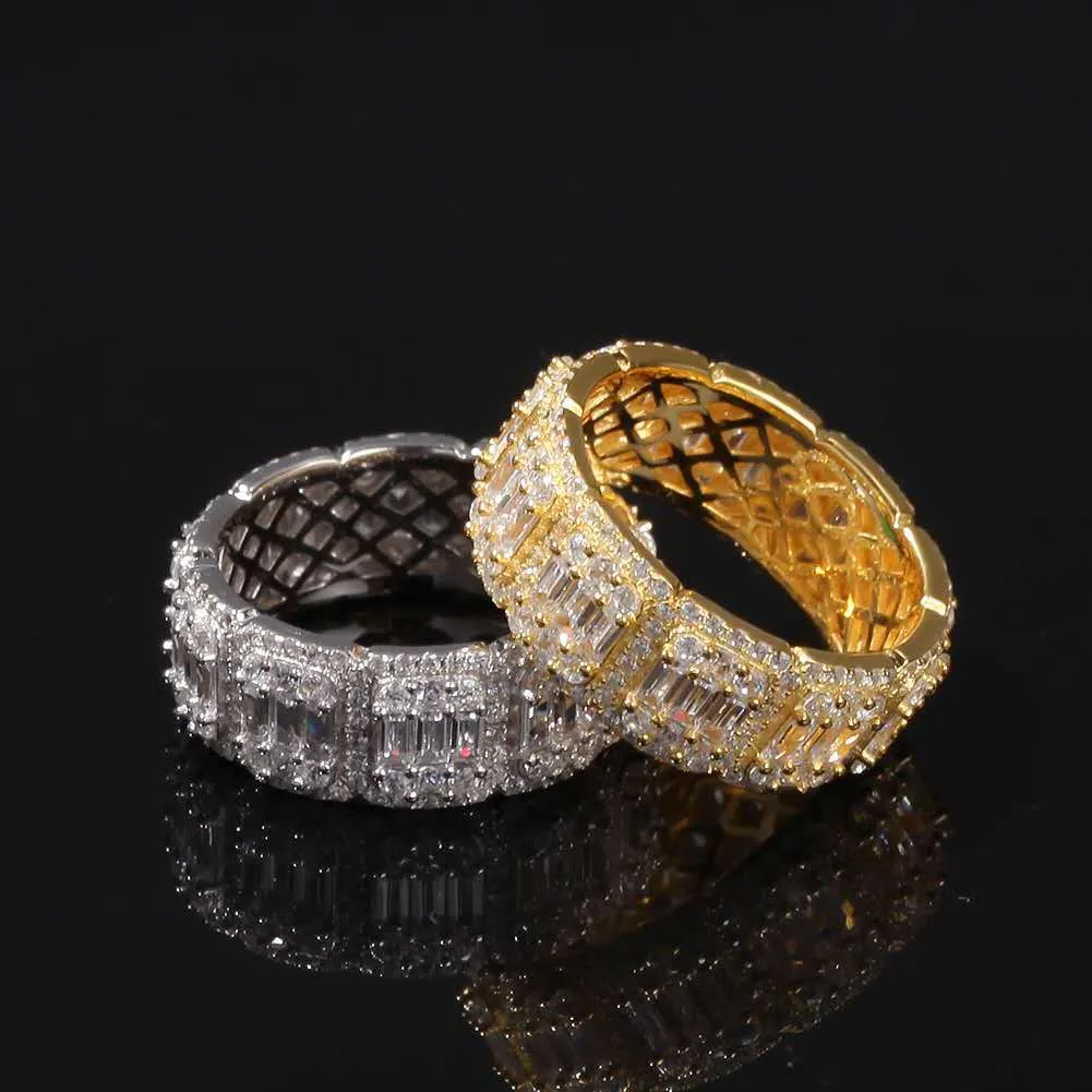 Mens Hip Hop Bling Cubic Zircon Rings Diamante Iced Out 18K Banhado A Ouro Anel Nova Moda Prata Jewelry295h