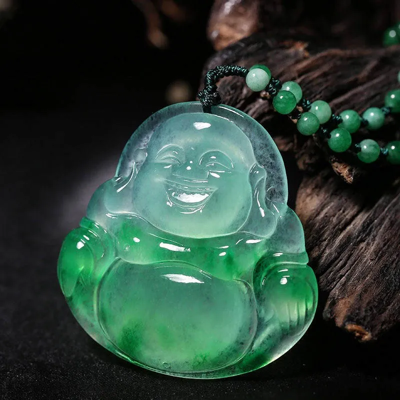 Estatua de Buda Maitreya, colgante de jade tallado, collar con sonrisa de jade verde blanco chino natural, joyería 237q