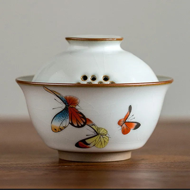 Ru Kiln Bird Gardon Gaiwan Retro ثلاثة شخص باسترول السيراميك شاي وعاء Tureen Decore 297p