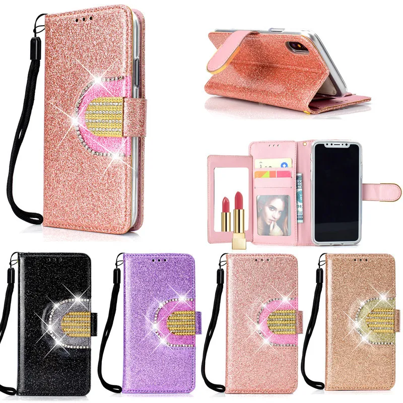 Glitter Rhinestone Läderfodral med Mirriple Flip Bling Card Walle Stand Cover Coque för iPhone 11 Pro Max XR X XS max 6 7 8 Plus