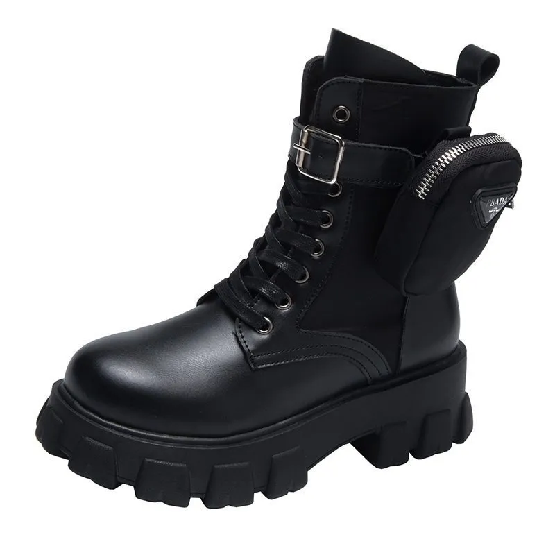 Outono inverno Mulheres Sapatos Motocicleta Ankle Carteira Botas de Combate Senhoras Plataforma Artificial Couro Chunky Block Sapatos