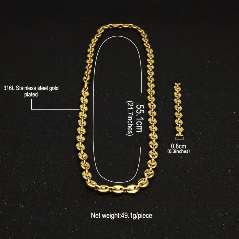 Örhängen Halsband Herrarna 8mm puffade Mariner Link Chain Armband Set Gold Silver Color Hip Hop Punk smycken för män 22 5 cm an288g