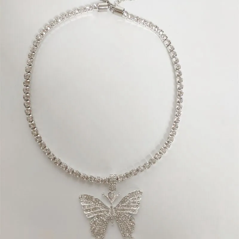 Luxury Big Butterfly Statement Necklace Rhinestone Necklaces For Women Tennis Chain Crystal Choker Wedding Jewelry Gift248h