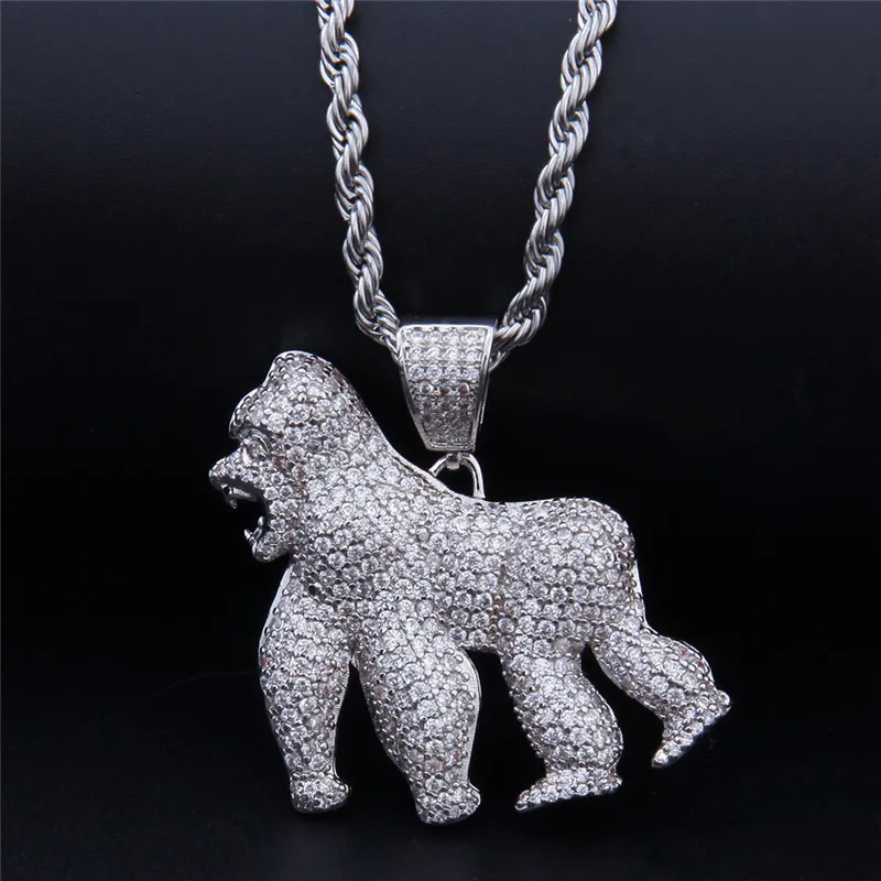 Fashion Walking Gorilla Pendant Iced Out Bling CZ Stone Animal Neckor for Men Rapper Hip Hop Jewelry2837