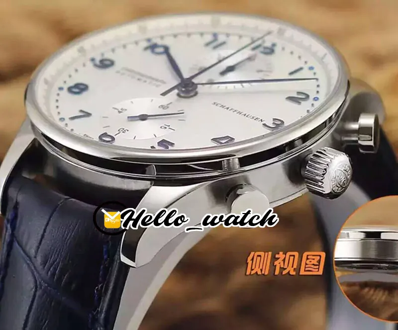 Billiga nya 40 9mm stålfodral Miyota Qaurtz Chronogrpah Mens Watch White Dial Blue Mark Blue Leather Strap Gents Watches Hello Watch234j