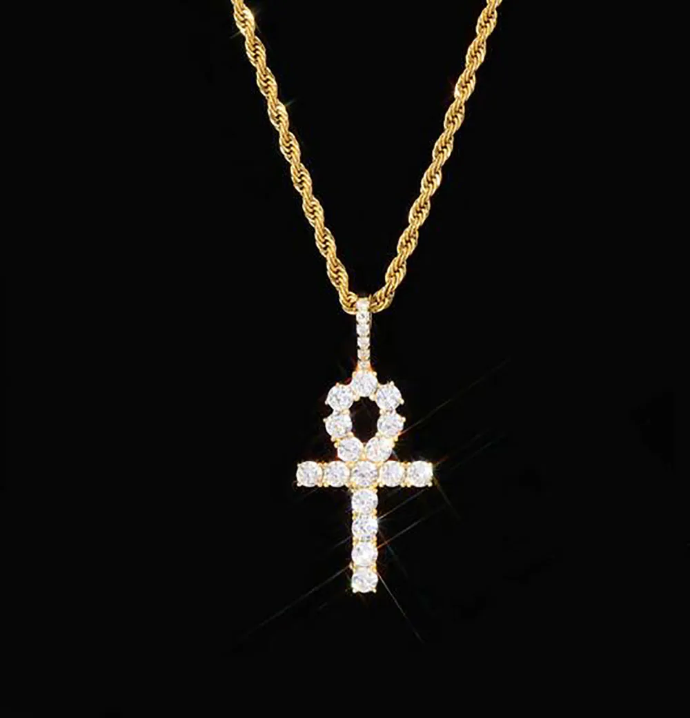 925 Sterling Silver Bling Out Ankh Cross Pendant 24 Rope Chain 7 6G Cubic Zirconia Hiphop Jewelry for Men Women288d