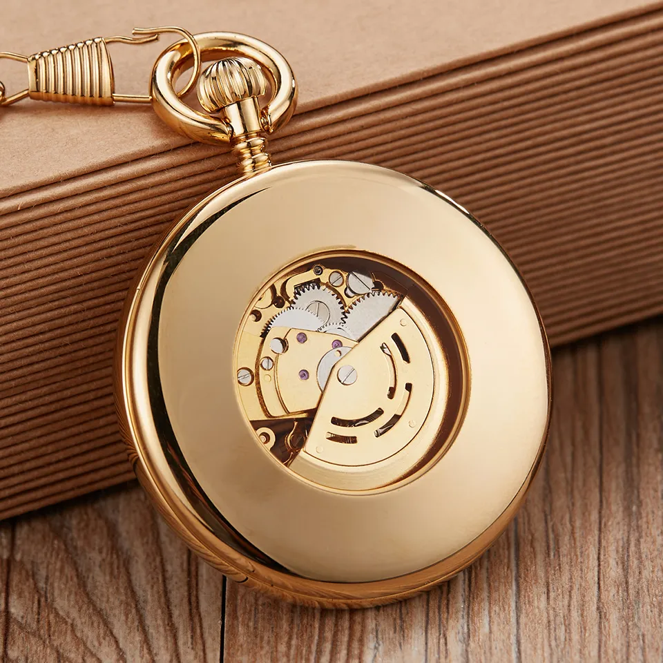 Retro Silver Gold Automatic Mechanical Pocket Watch Men Women Luxury Copper Watches Skeleton Steampunk FOB Watch Chain Pendants CX316b